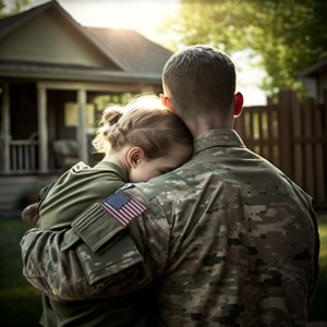 Military man hugging daughter in front of Columbia rental property